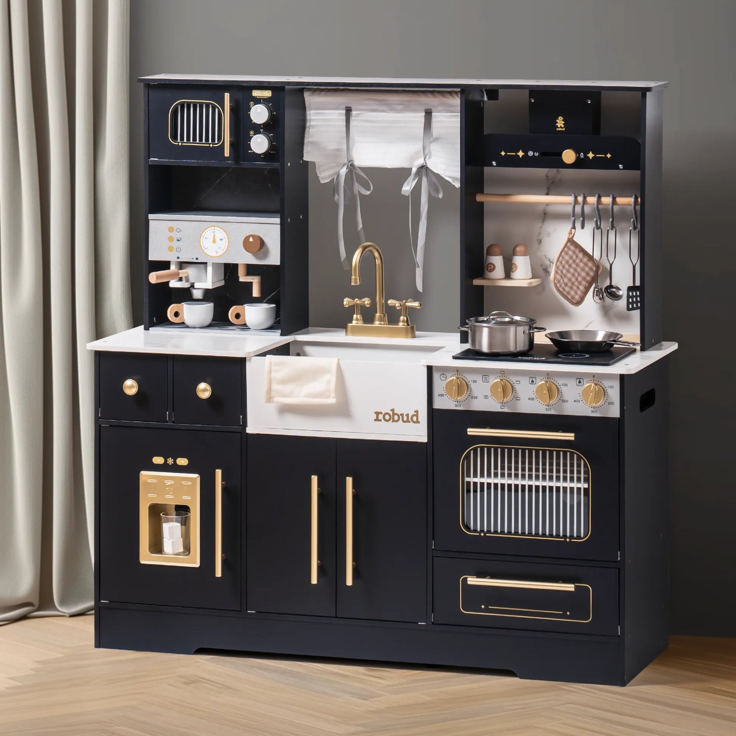 ROBUD - luxury playset wooden toy kitchen with black and gold accents. Playhouse coffee machine, stove, sink, microwave, oven, ice maker.