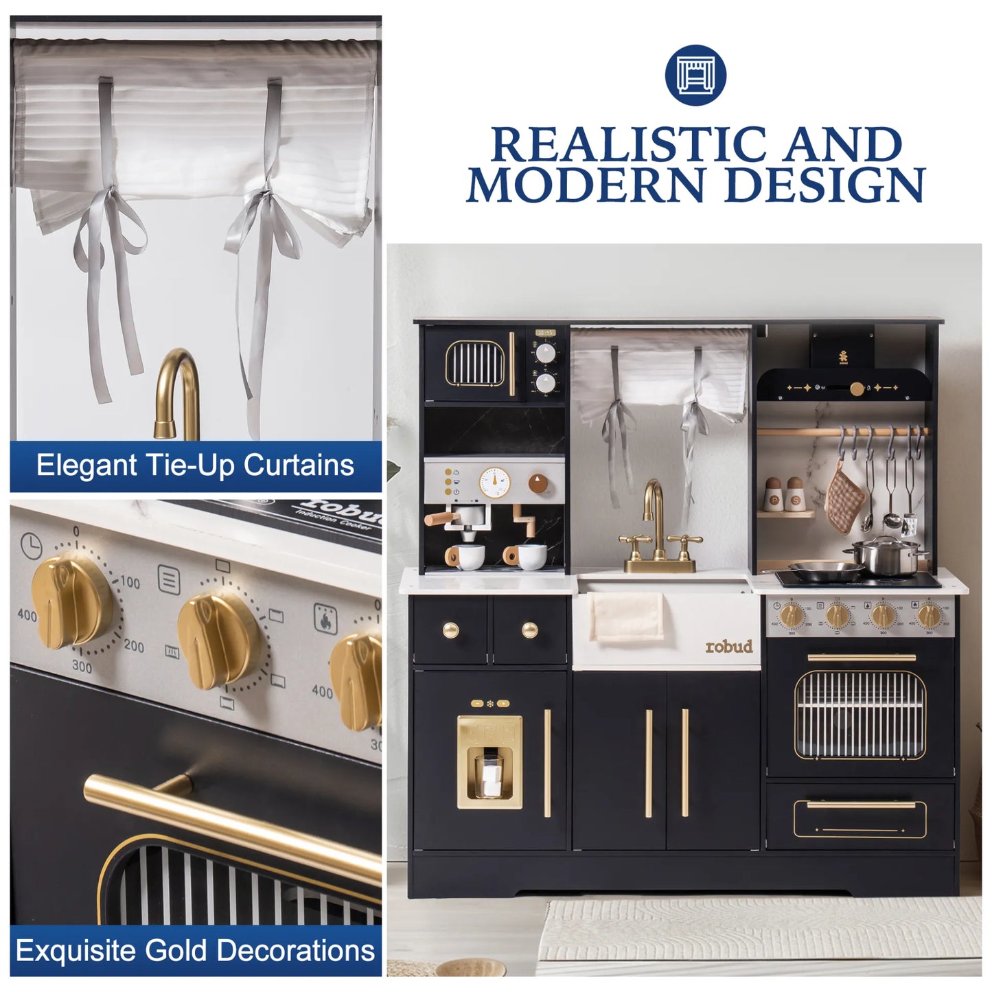 ROBUD - luxury playset wooden toy kitchen with black and gold accents. Playhouse coffee machine, stove, sink, microwave, oven, ice maker. With peekaboo window.