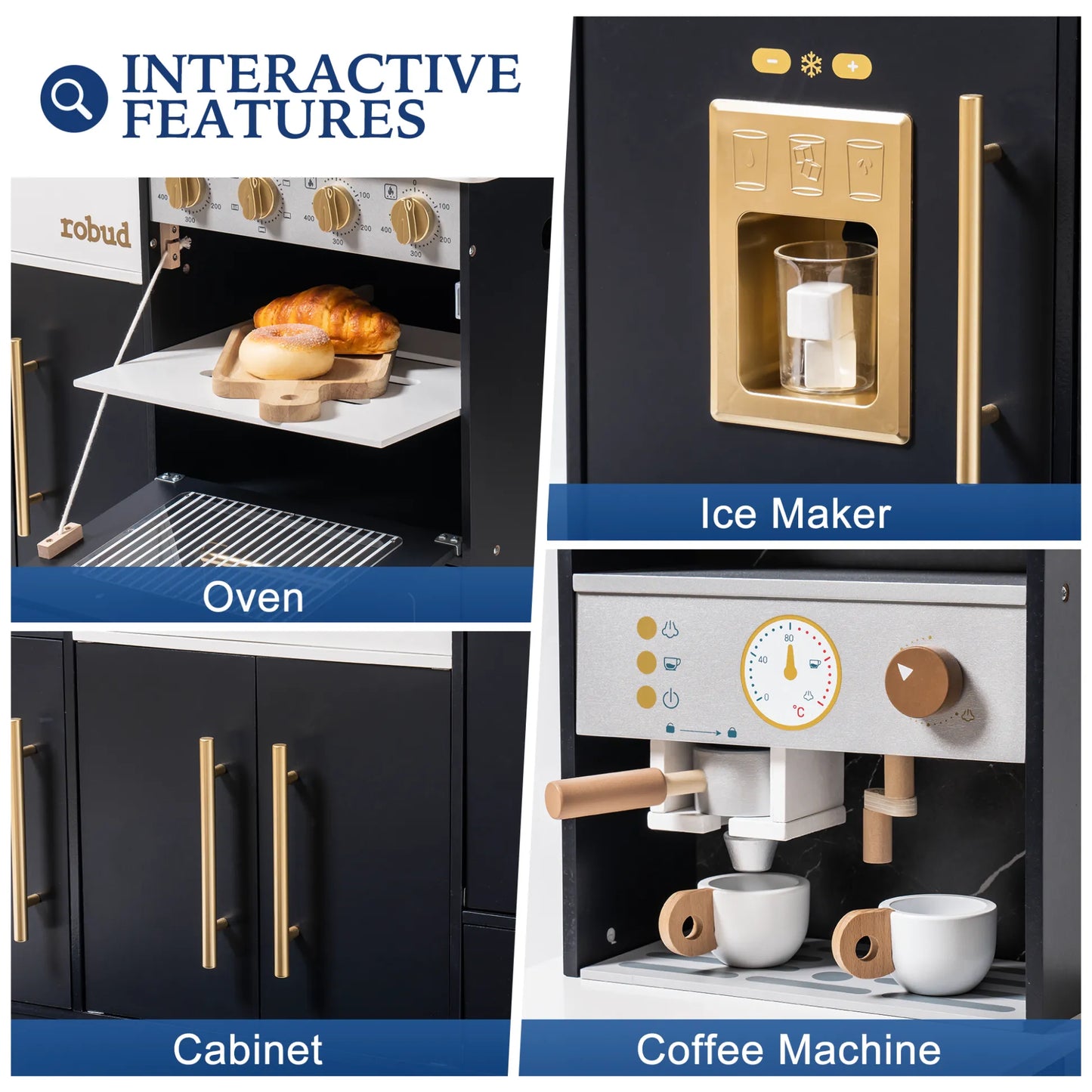 ROBUD - luxury playset wooden toy kitchen with black and gold accents. Playhouse coffee machine, stove, sink, microwave, oven, ice maker.