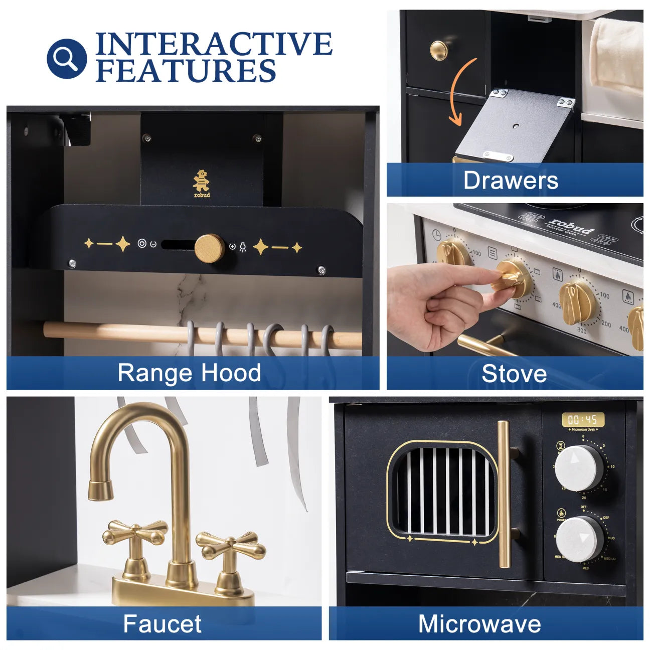 ROBUD - luxury playset wooden toy kitchen with black and gold accents. Playhouse coffee machine, stove, sink and faucet, microwave, oven, ice maker and drawers.
