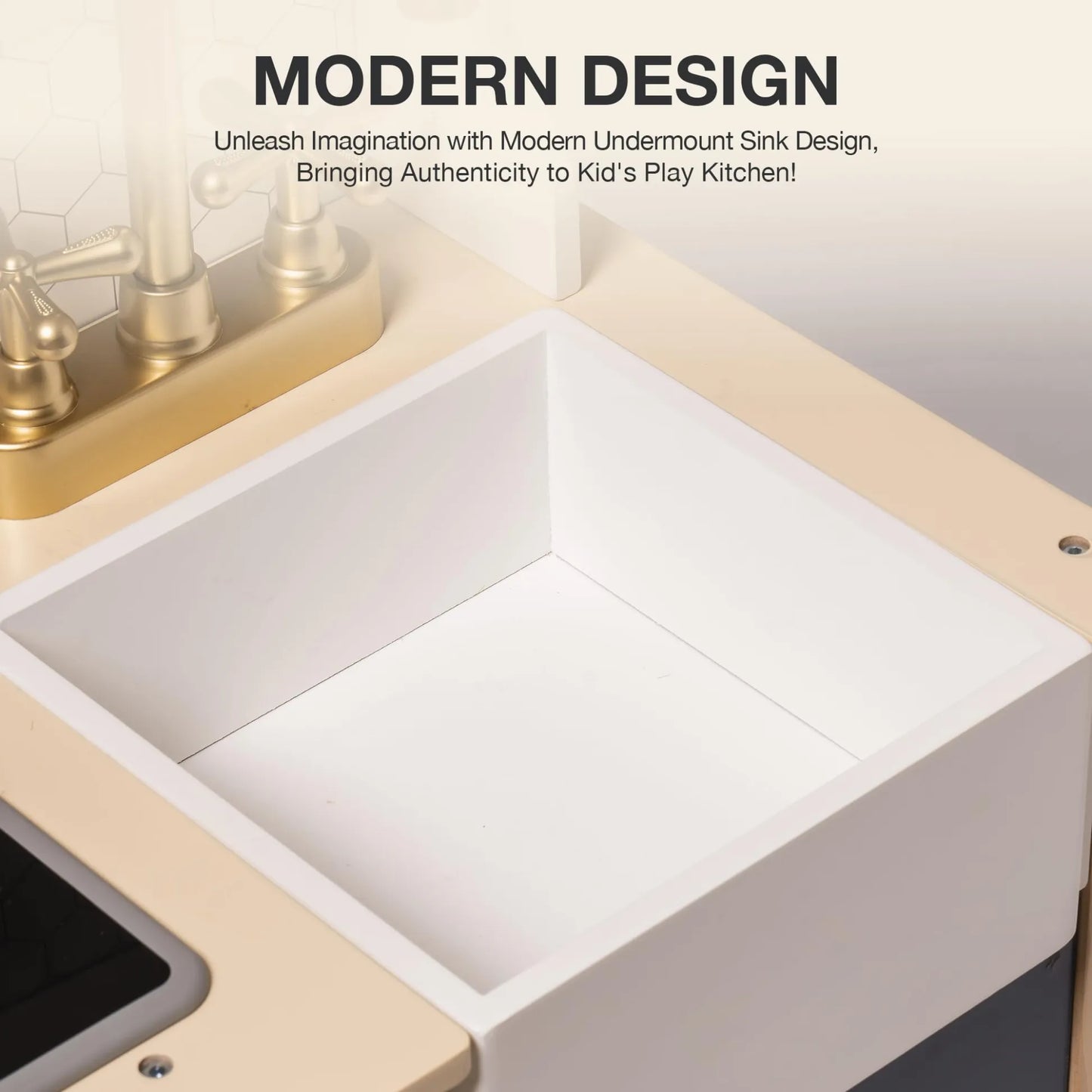 Modern undermount sink design in a kitchen setting with text highlighting its use in a child's play kitchen.