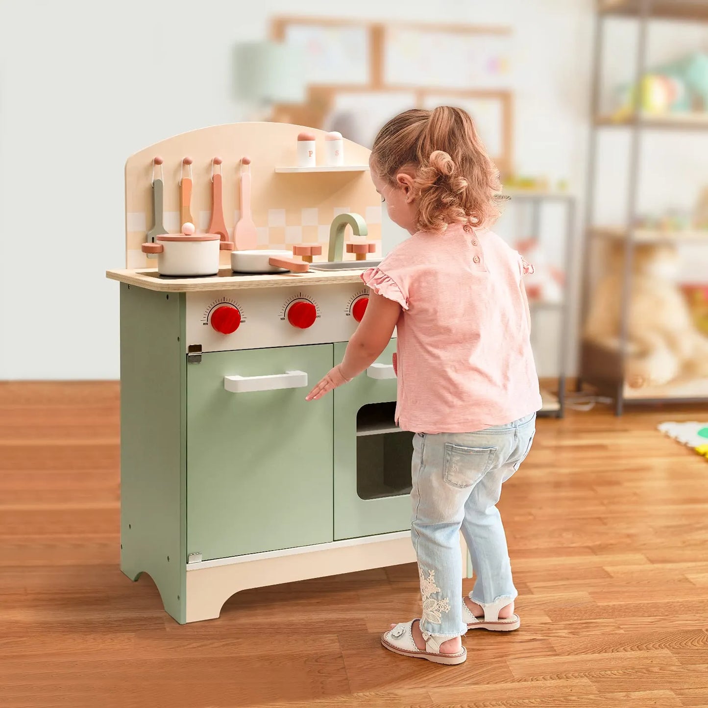 ROBUD - Wooded toy kitchen with toy wooden food and wooden utensils and pots and pans