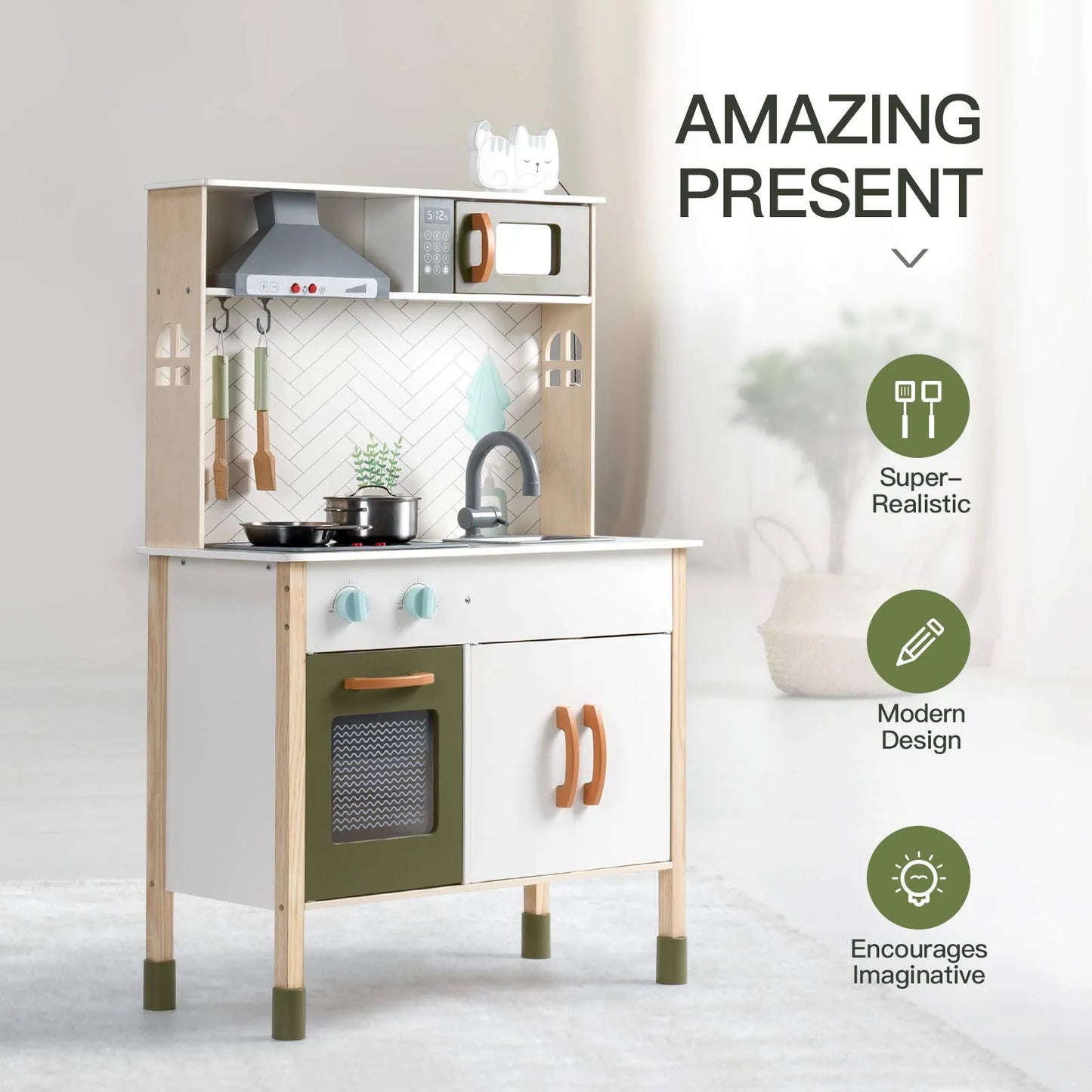 Children's play kitchen set with modern design and toy utensils on a light background.
