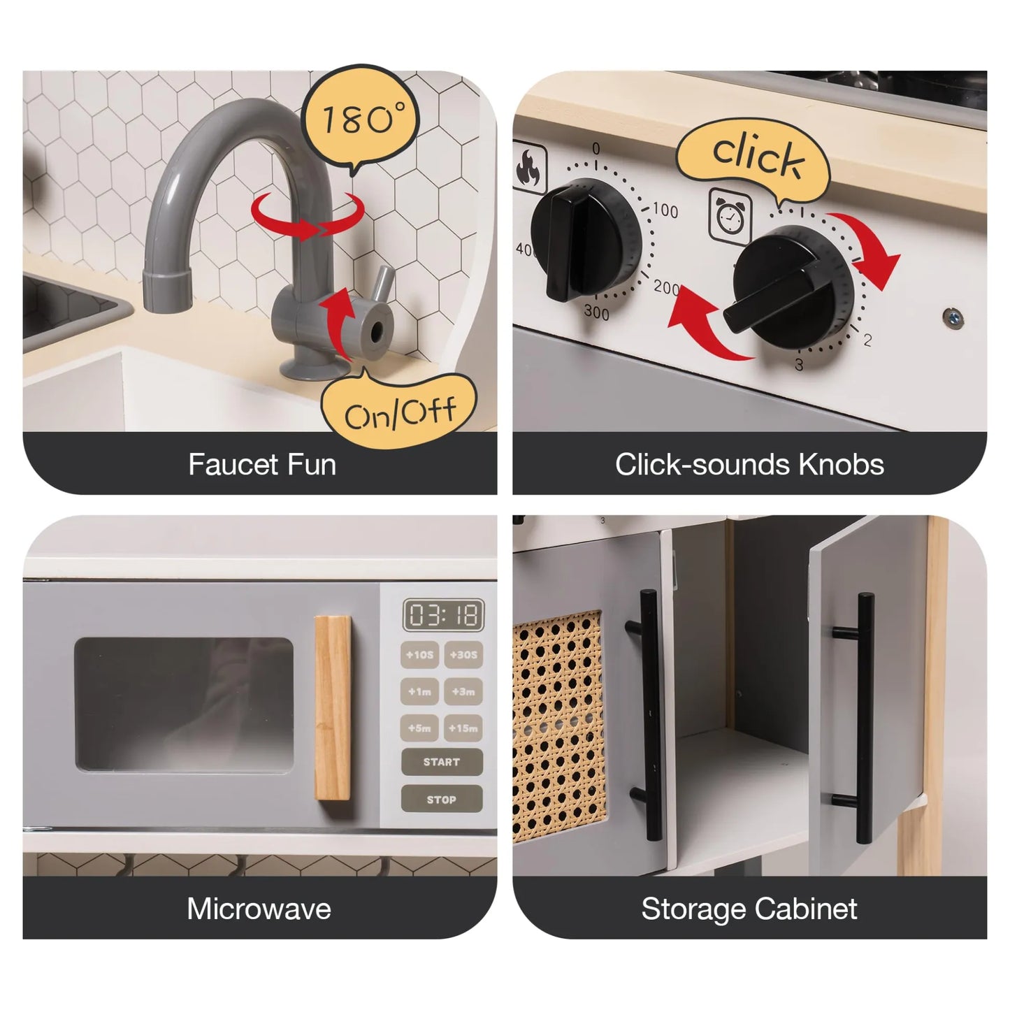Set of toy kitchen appliances with interactive features on a white background