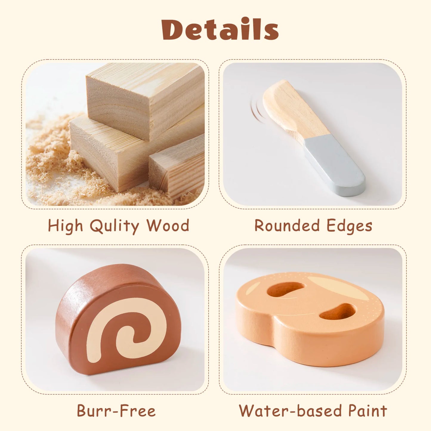 ROBUD Wooden Play Food Set. Includes realistic sliceable desserts, a safe wooden knife, and a storage bag.