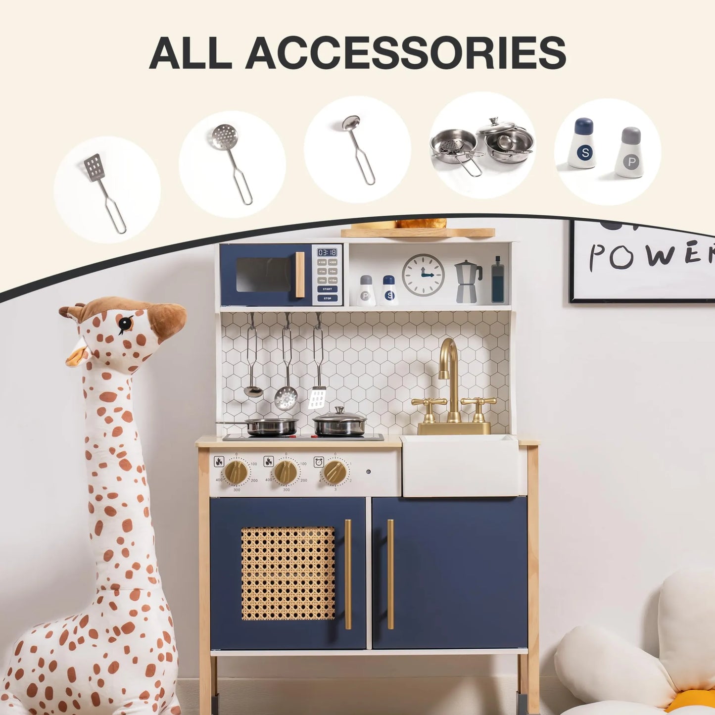Play kitchen set with accessories and a giraffe toy on a light background