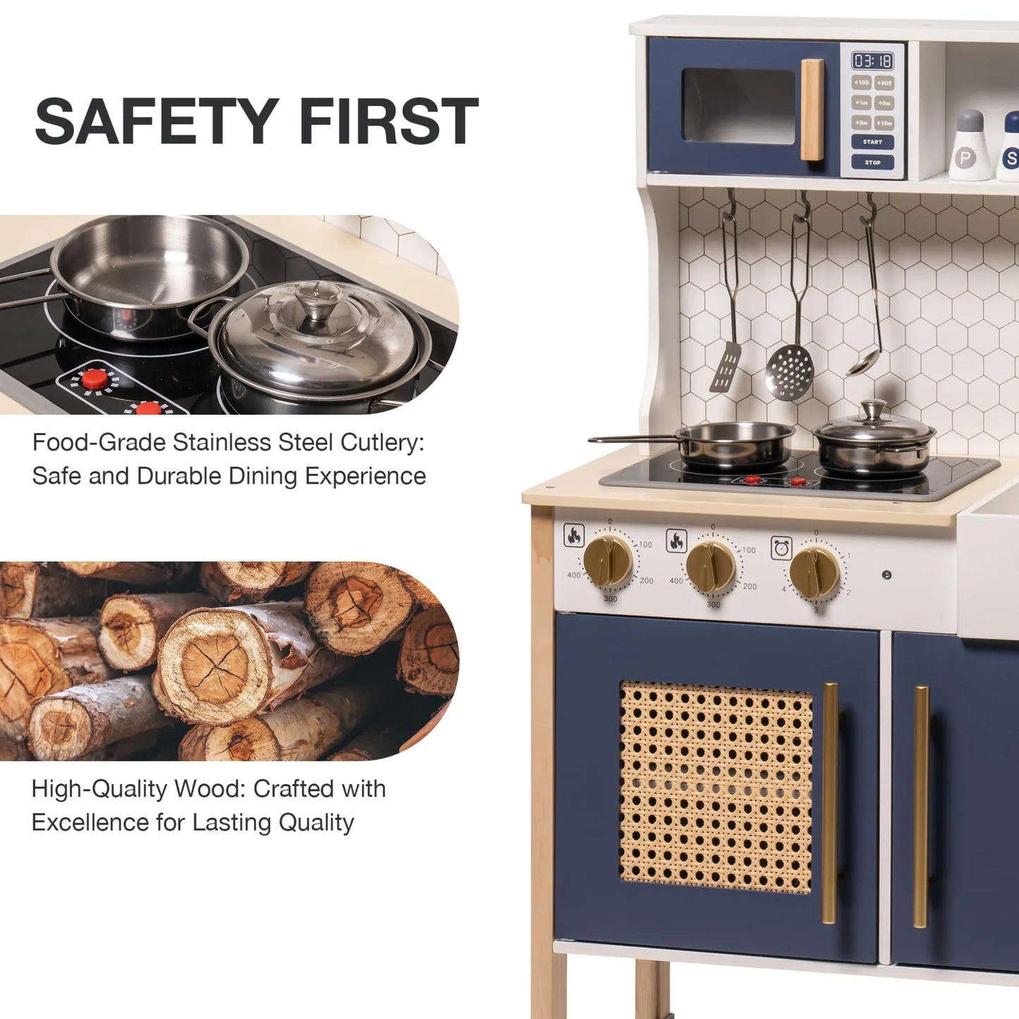 Children's play kitchen set with safety features highlighted.