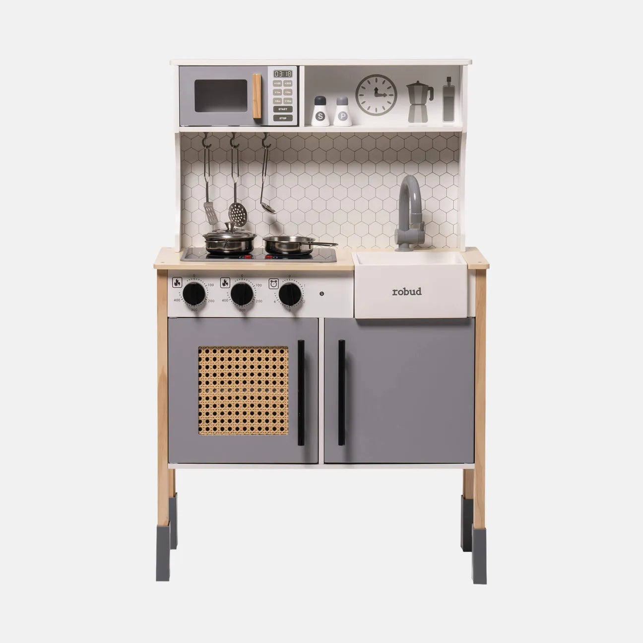 Children's play kitchen set with gray and wooden design on a white background
