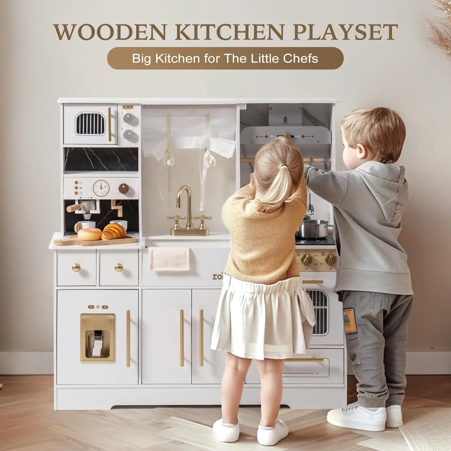 ROBUD - luxury playset wooden toy kitchen with white and gold accents. Playhouse coffee machine, stove, sink and faucet, microwave, oven, ice maker and drawers.