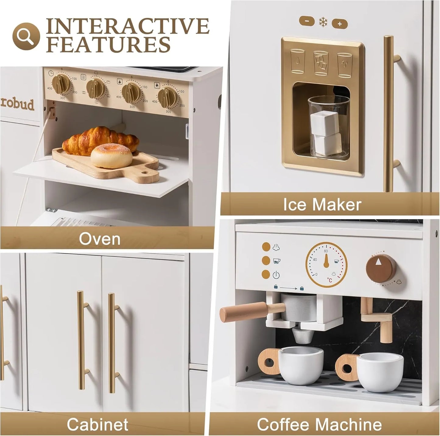 ROBUD - luxury playset wooden toy kitchen with white and gold accents. Playhouse coffee machine, stove, sink and faucet, microwave, oven, ice maker and drawers.