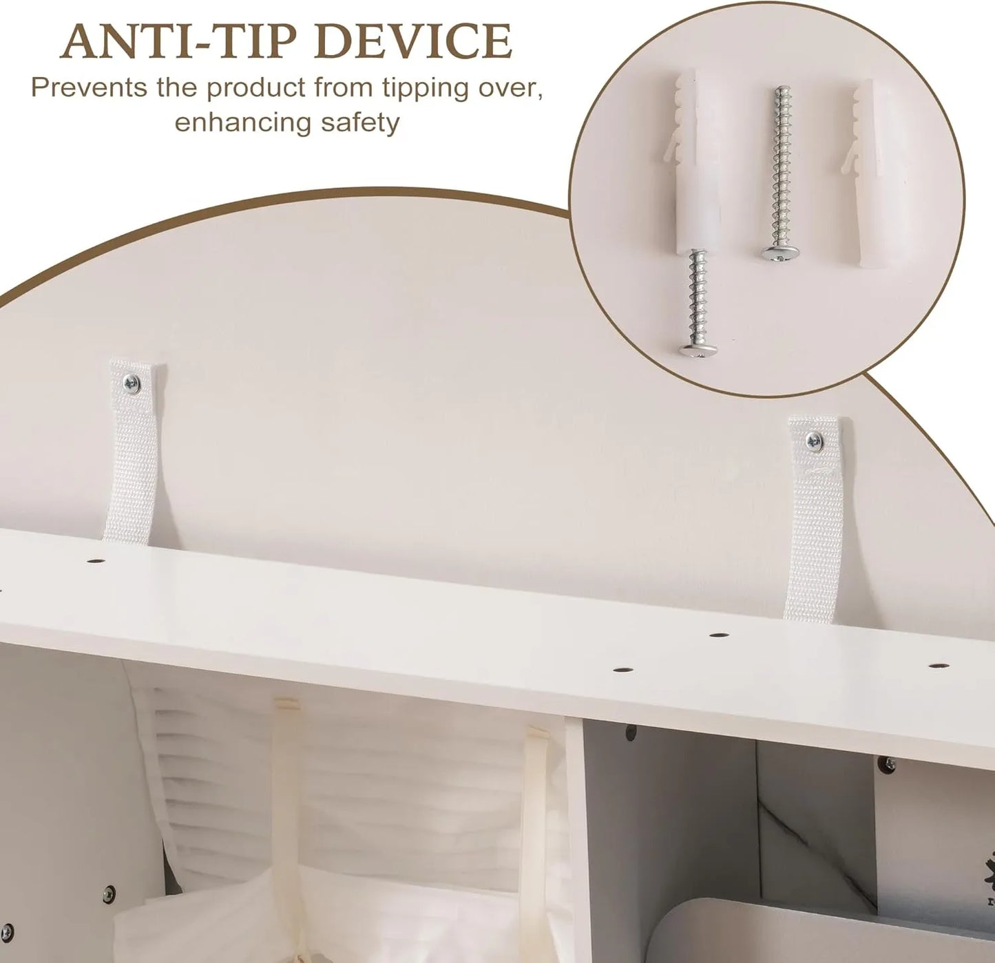 Anti-tip device on a piece of furniture with screws highlighted, emphasizing safety feature.