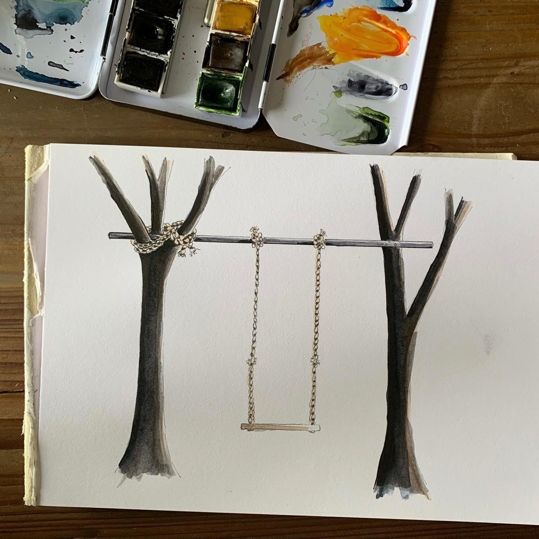 Oak and rope swing illustration with paint