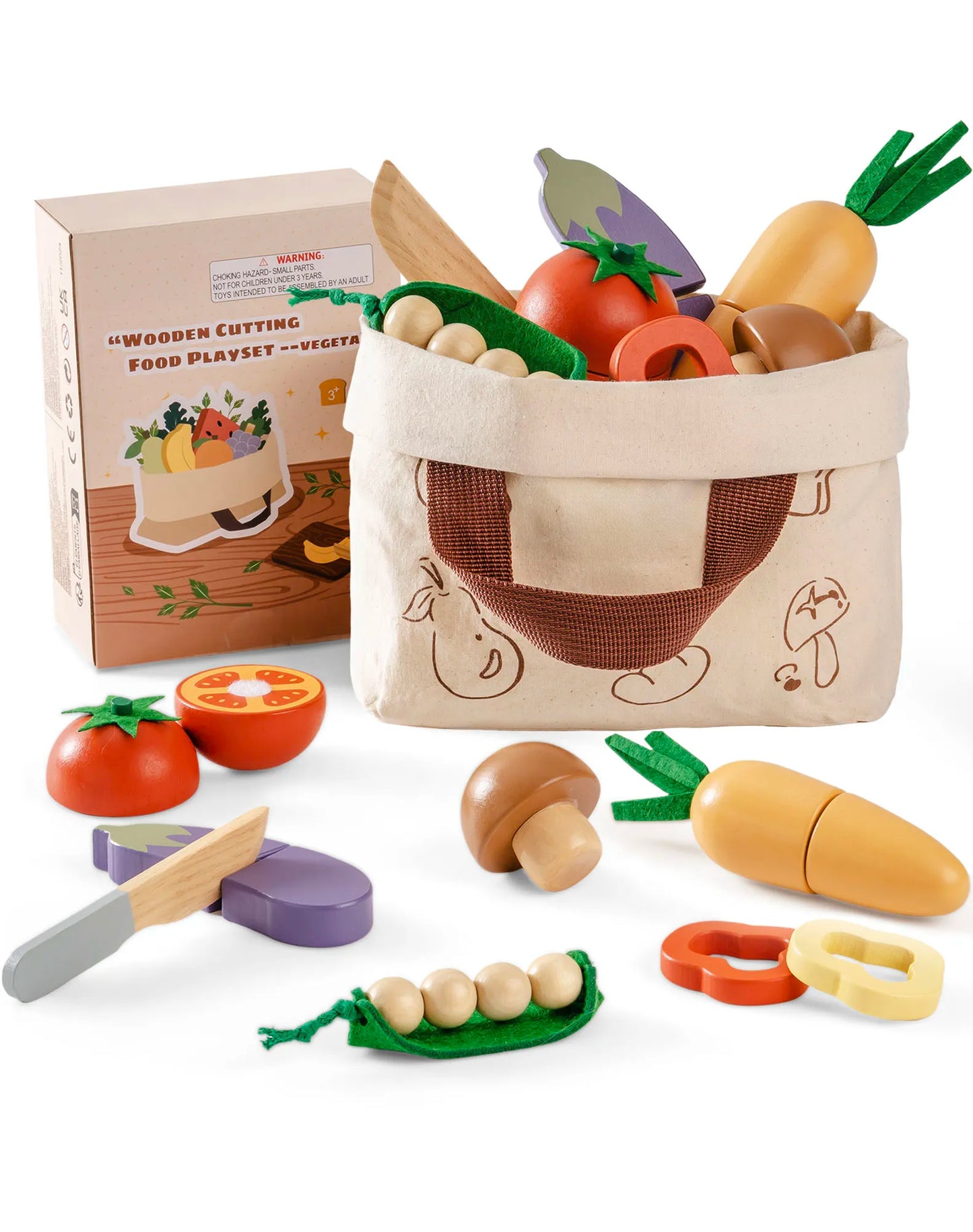 ROBUD sliceable play wooden food set with carrying bag - vegetables 
