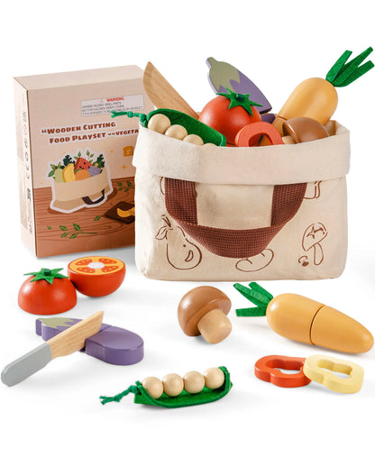 ROBUD sliceable play wooden food set with carrying bag - vegetables 
