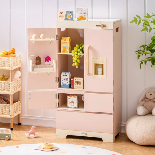 Pink wooden refrigerator with realistic accessories 