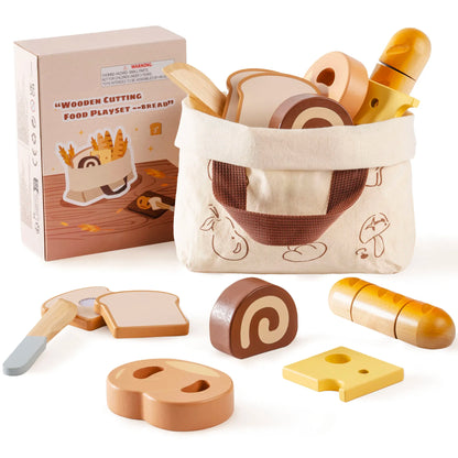 ROBUD Wooden Play Food Set. Includes realistic sliceable desserts, a safe wooden knife, and a storage bag.