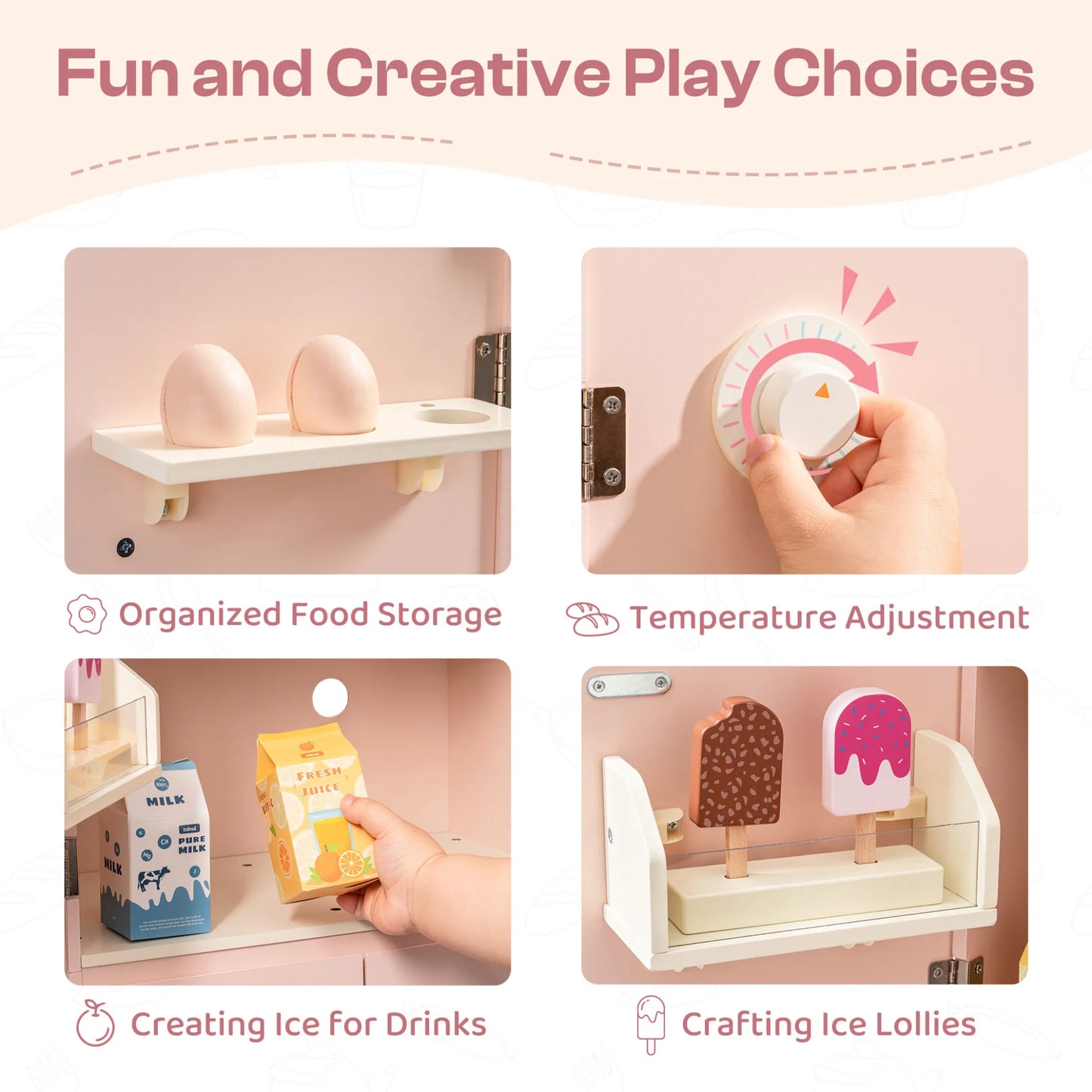 Wooden play refrigerator features and accessories 