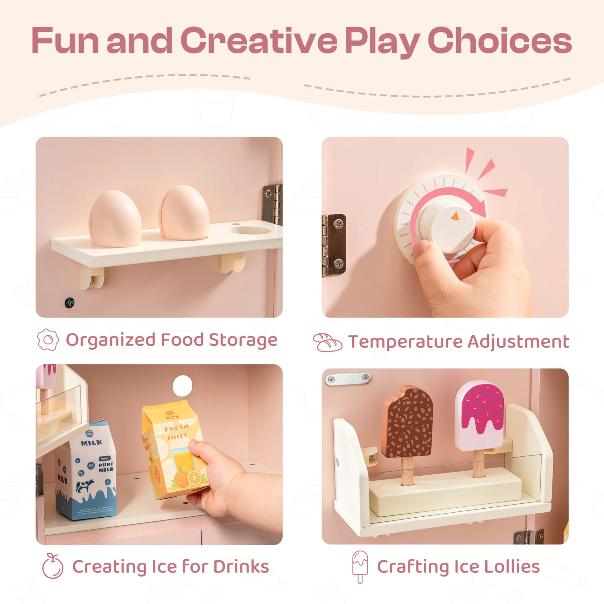 Wooden play refrigerator features and accessories 