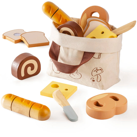  ROBUD Wooden Play Food Set. Includes realistic sliceable desserts, a safe wooden knife, and a storage bag.