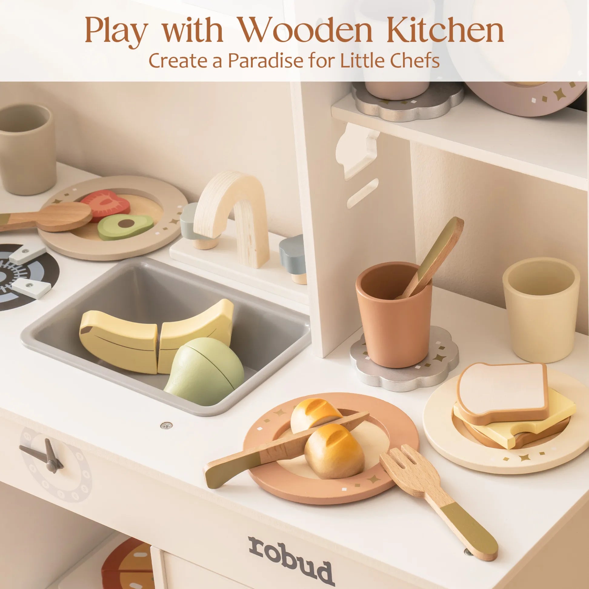 Wooden dinnerware play set for kids – ROBUD 29-piece set with plates, cups, and utensils with wooden play food in play kitchen set