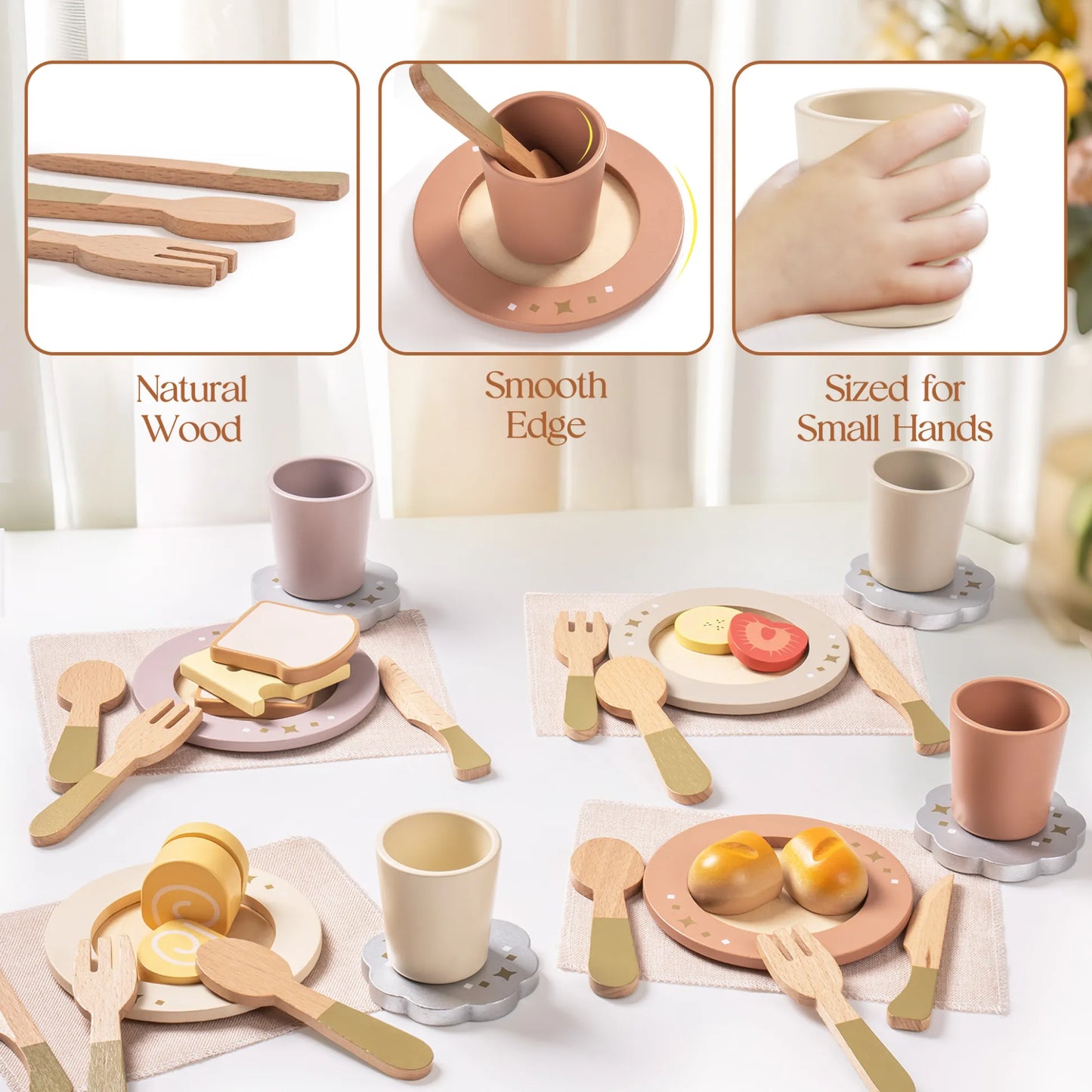 Wooden dinnerware play set for kids – ROBUD 29-piece set with plates, cups, and utensils with wooden play food