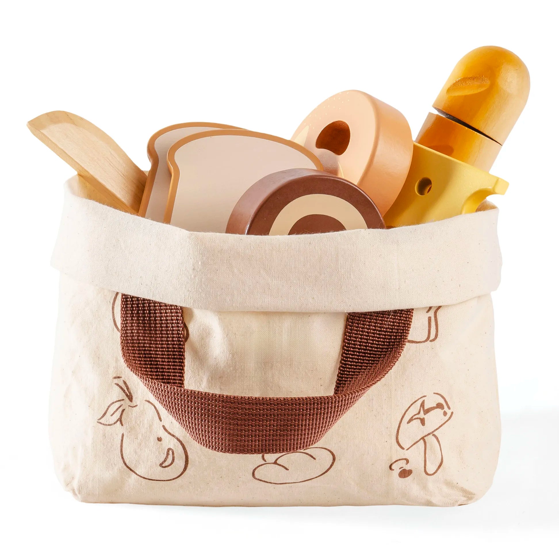ROBUD Wooden Play Food Set. Includes realistic sliceable desserts, a safe wooden knife, and a storage bag.