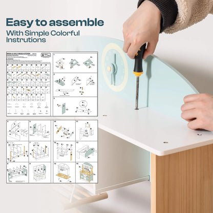 Person assembling a piece of furniture with a screwdriver, next to an instruction manual on a white background.