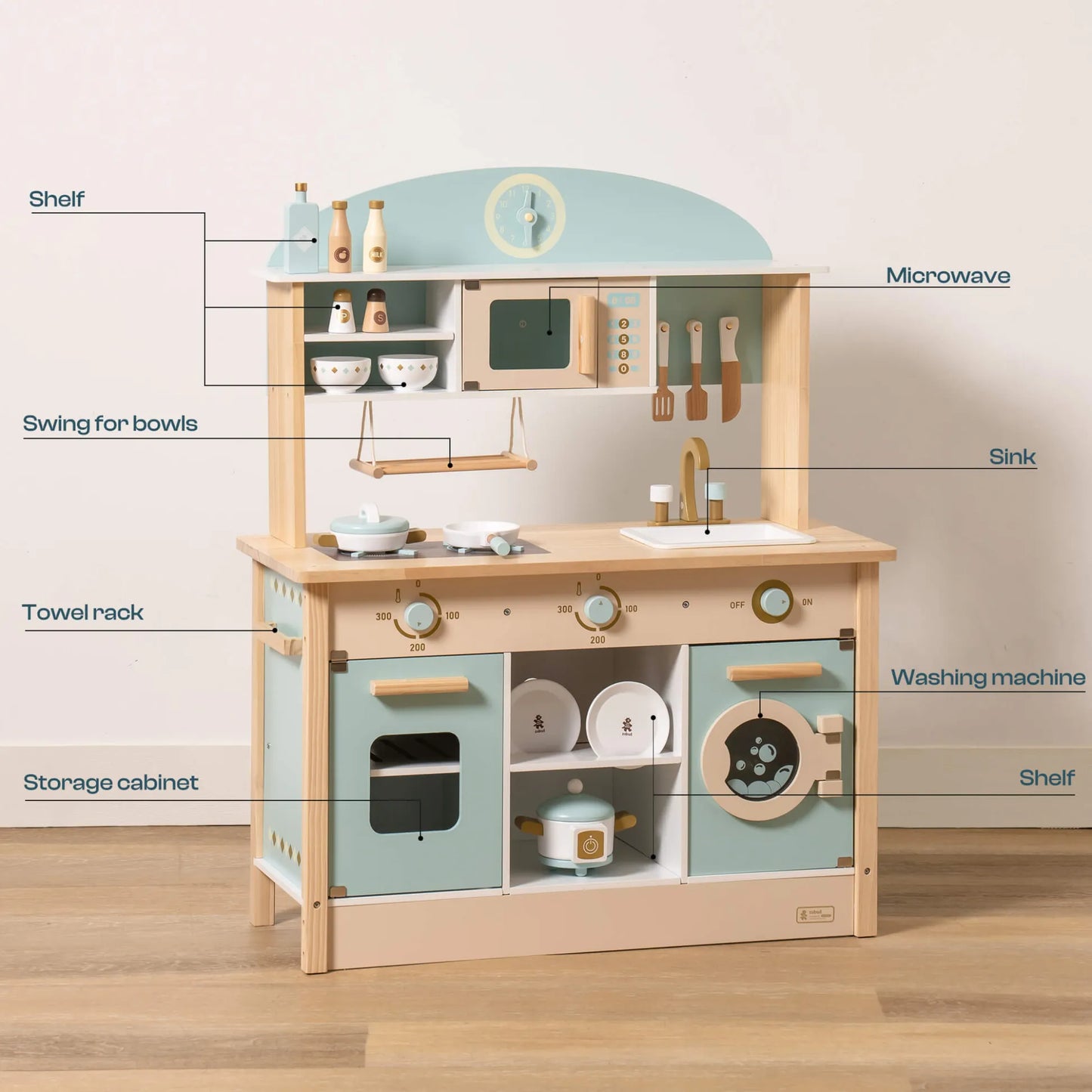 Wooden toy kitchen set with labeled parts on a light background