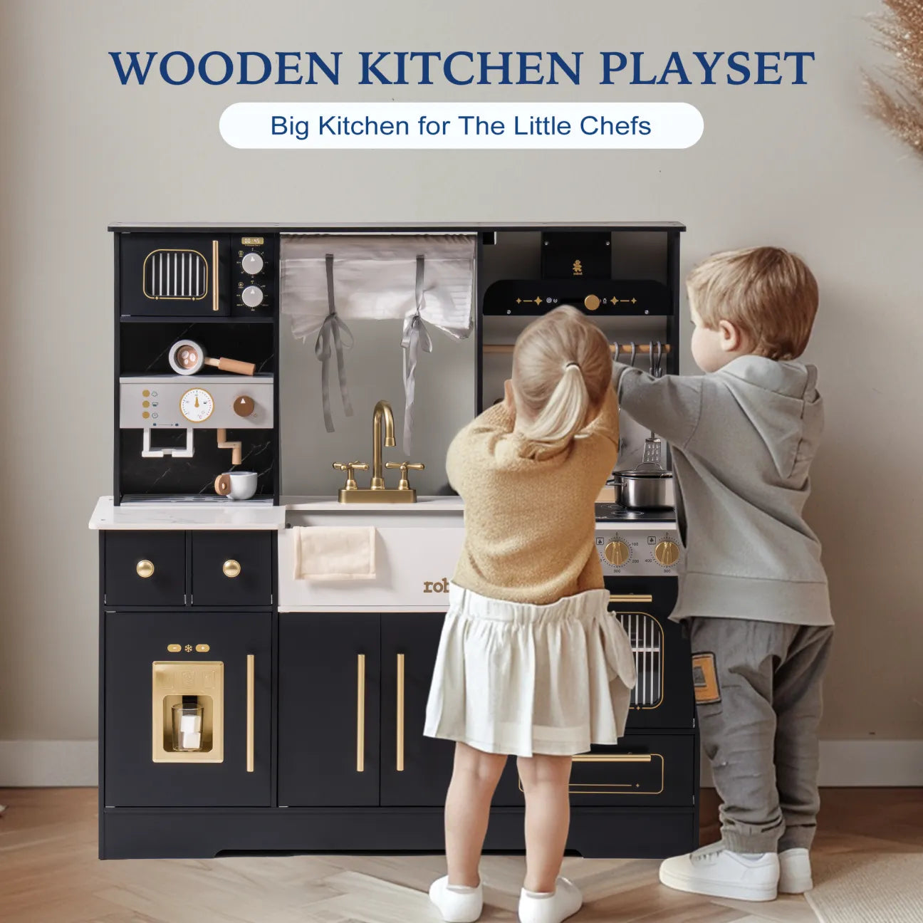 ROBUD - luxury playset wooden toy kitchen with black and gold accents.  Playhouse coffee machine, stove, sink, microwave, oven, ice maker.