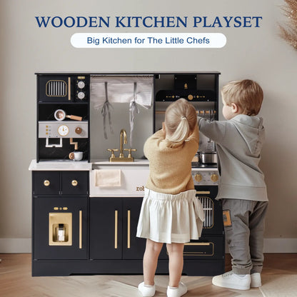 ROBUD - luxury playset wooden toy kitchen with black and gold accents.  Playhouse coffee machine, stove, sink, microwave, oven, ice maker.