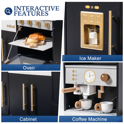 ROBUD - luxury playset wooden toy kitchen with black and gold accents.  Playhouse coffee machine, stove, sink, microwave, oven, ice maker.