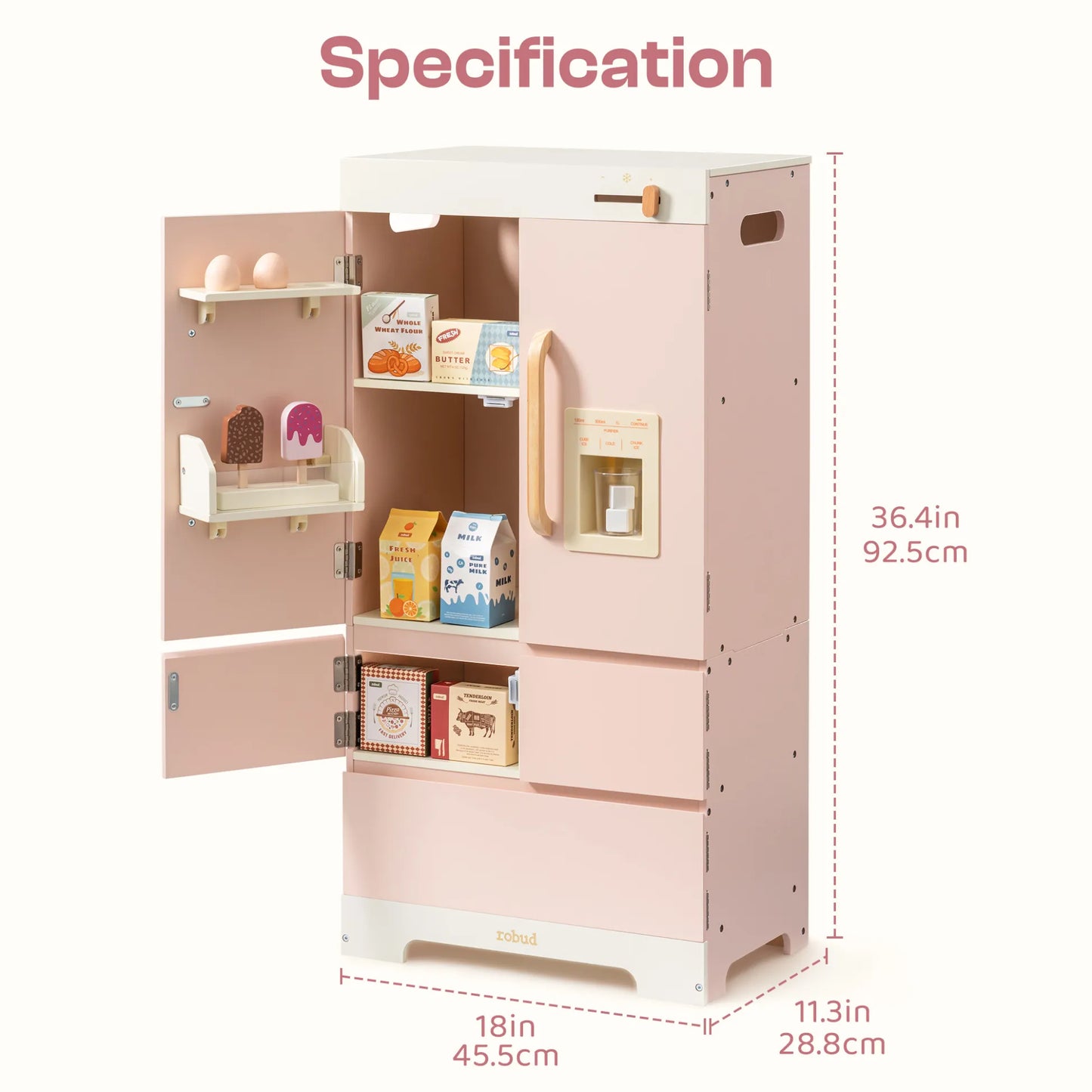 Wooded play refrigerator with realistic food accessories 