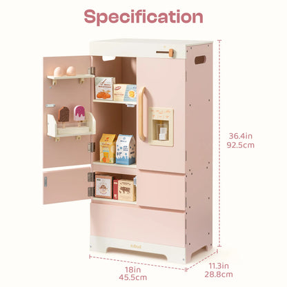 Wooded play refrigerator with realistic food accessories 