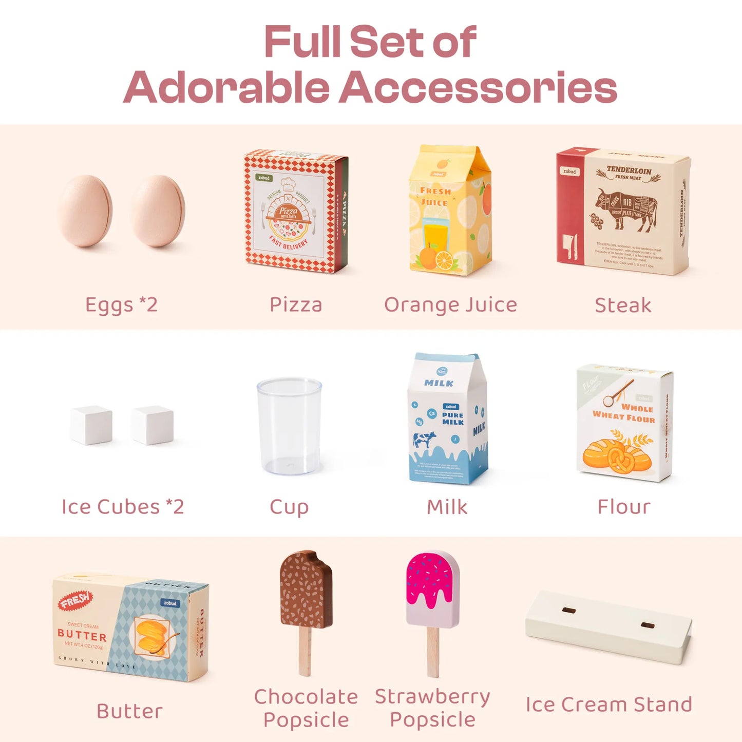 Wooden play refrigerator features and accessories 