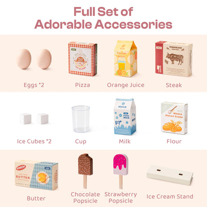 Wooden play refrigerator features and accessories 