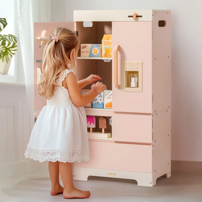 Wooded play refrigerator with realistic food accessories 