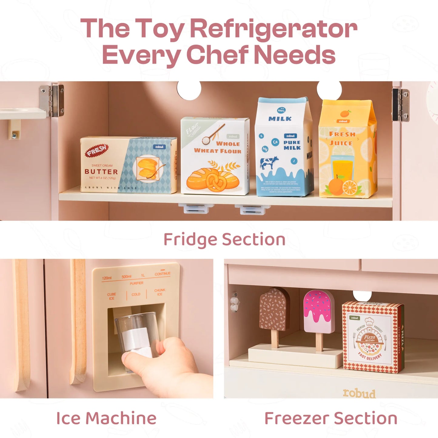 Wooden play refrigerator features and accessories 