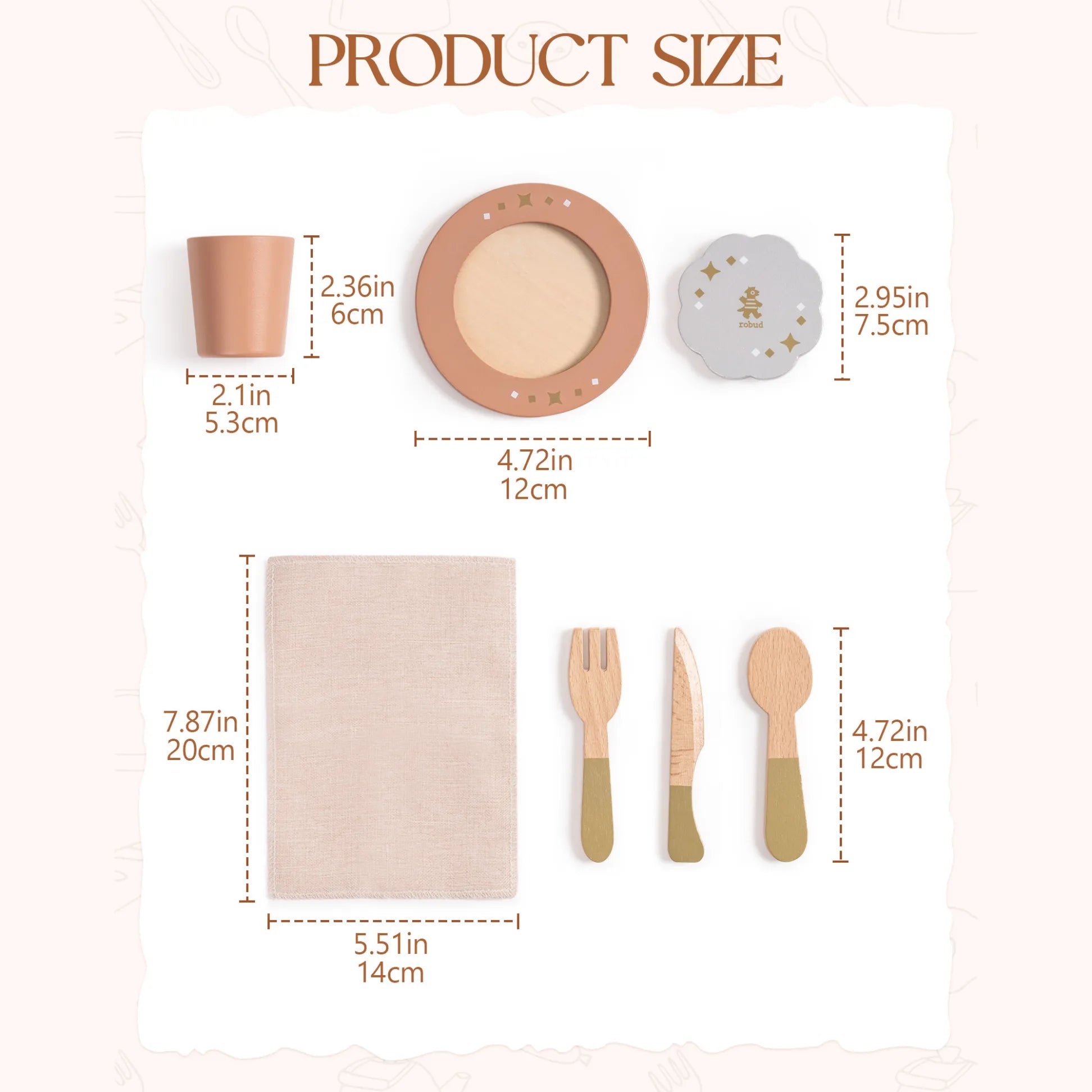 Measurement chart of wooden cutlery, plates, and napkins with dimensions.