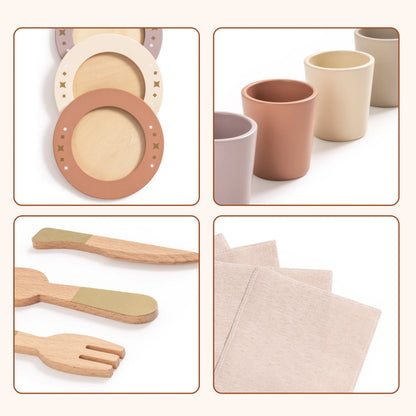 Wooden dinnerware play set for kids – ROBUD 29-piece set with plates, cups, and utensils and placemats
