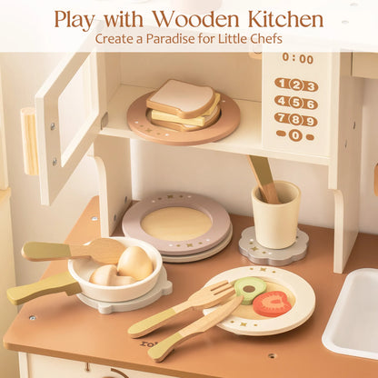 Wooden dinnerware play set for kids – ROBUD 29-piece set with plates, cups, and utensils with wooden play food