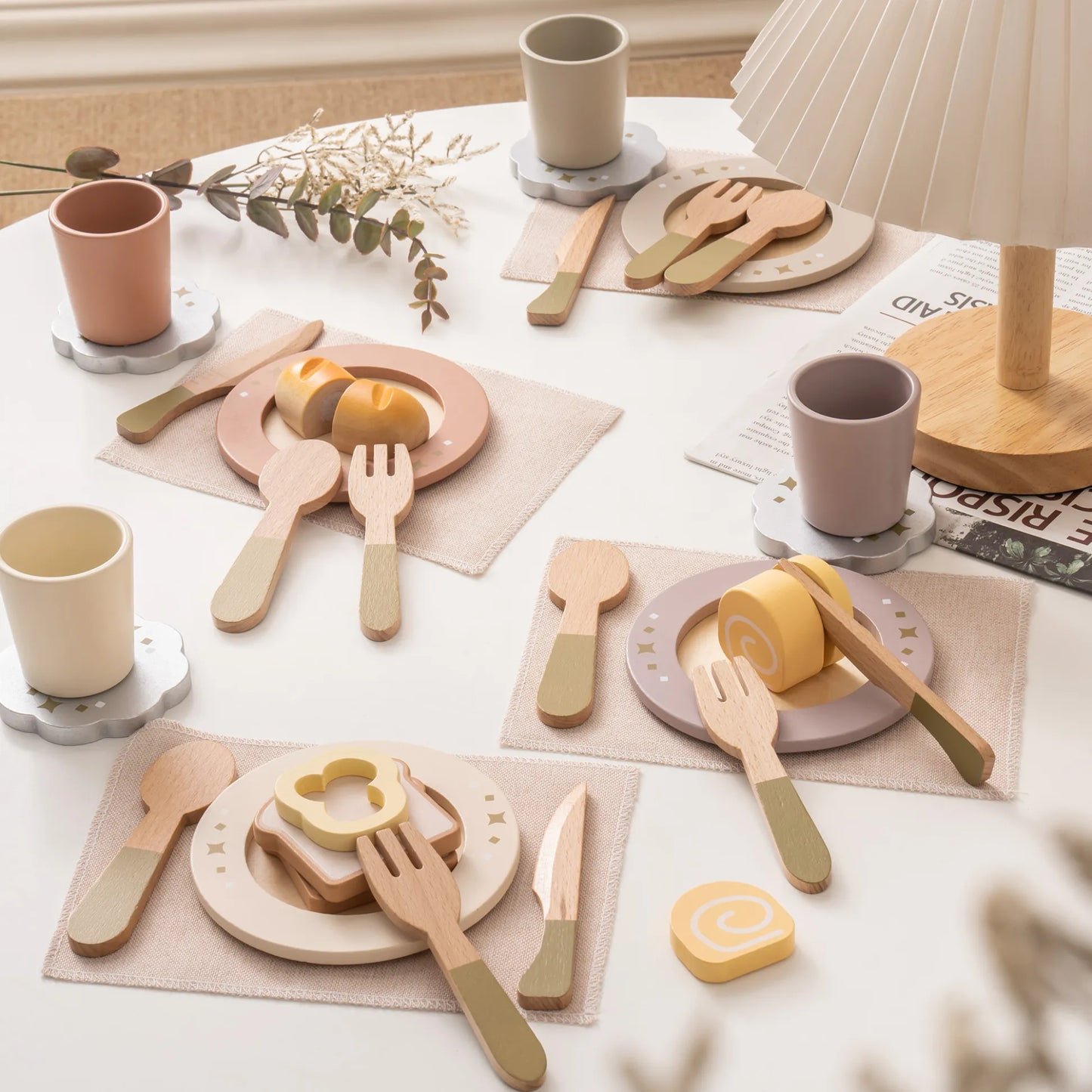Wooden dinnerware play set for kids – ROBUD 29-piece set with plates, cups, and utensils with wooden play food