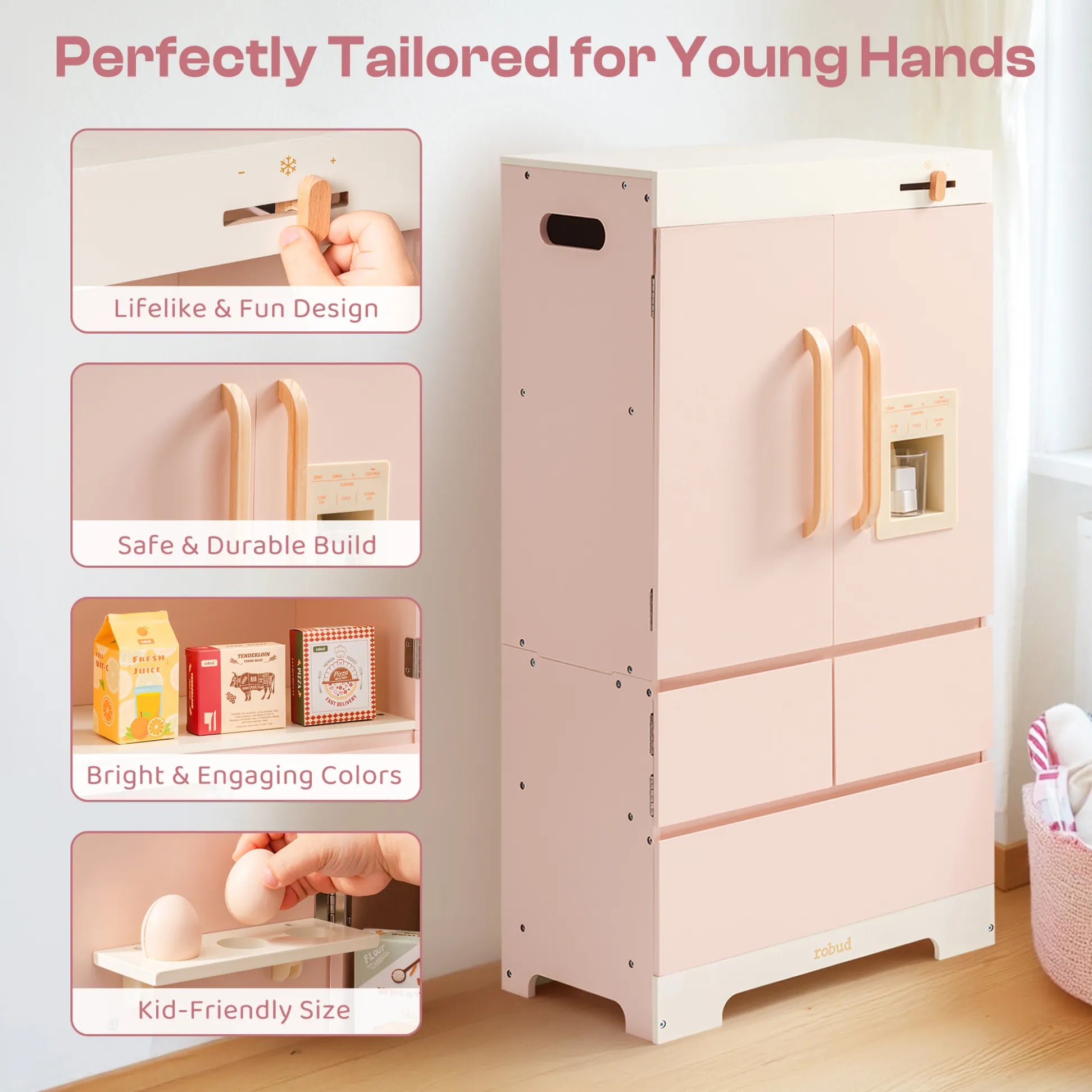 Wooded play refrigerator with realistic food accessories 