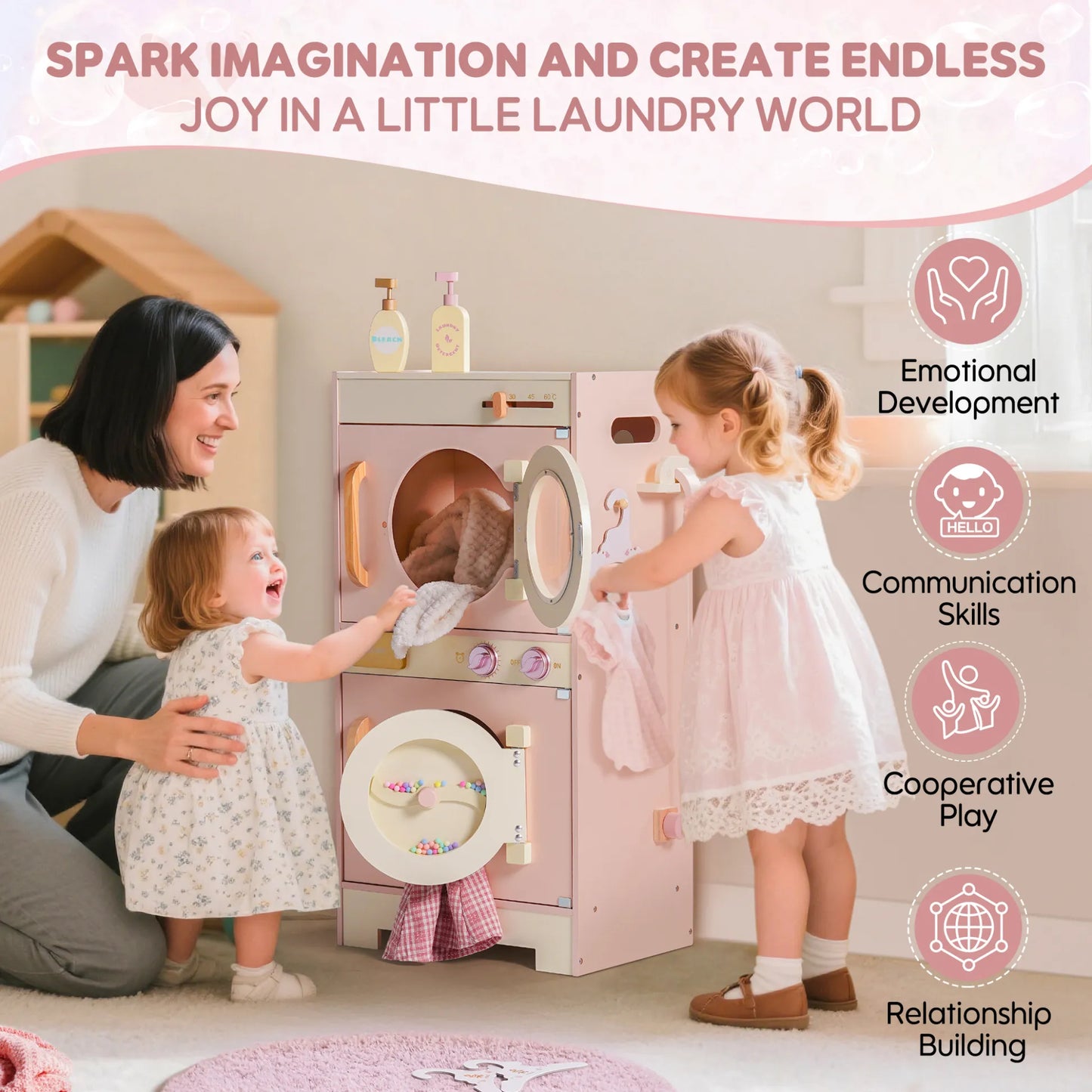 Children playing with a toy laundry set in a room, with text highlighting benefits like emotional development and communication skills.