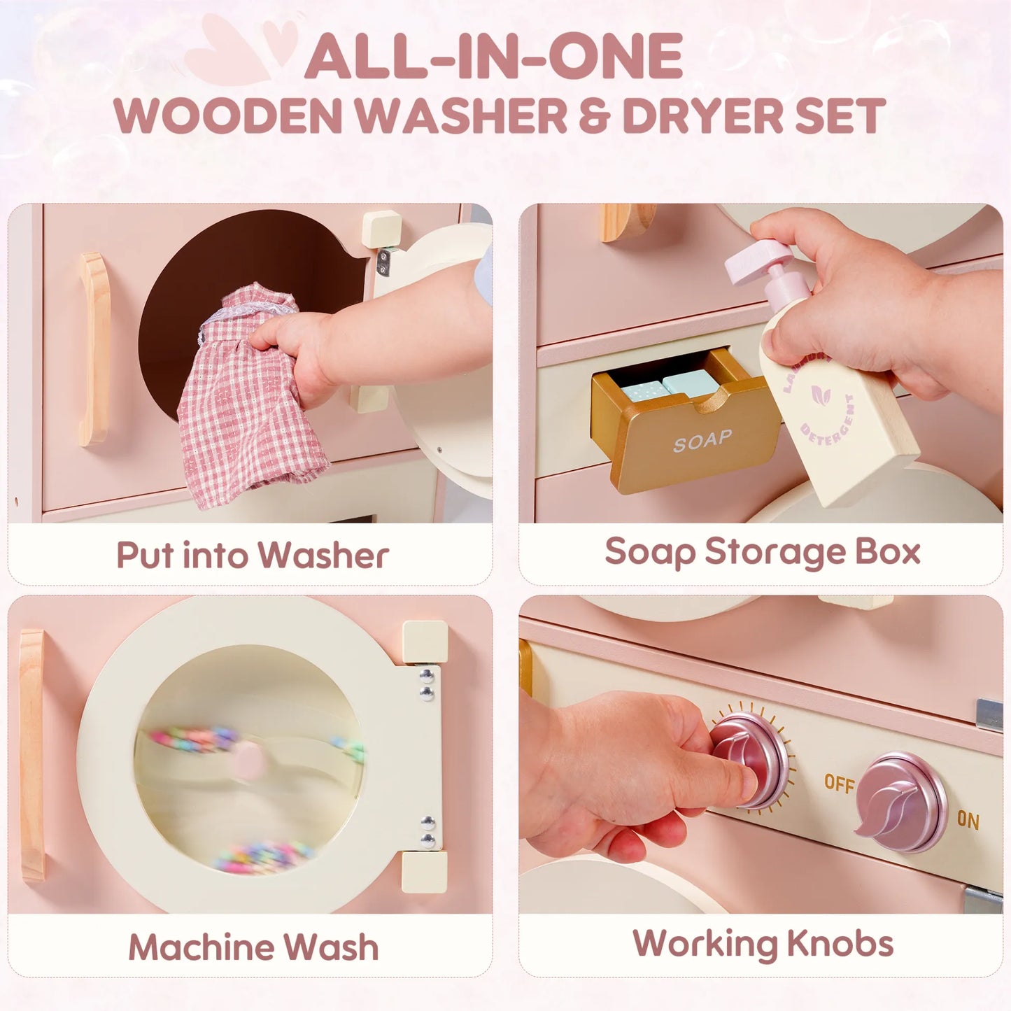 All-in-one wooden washer and dryer set with washing process demonstration.