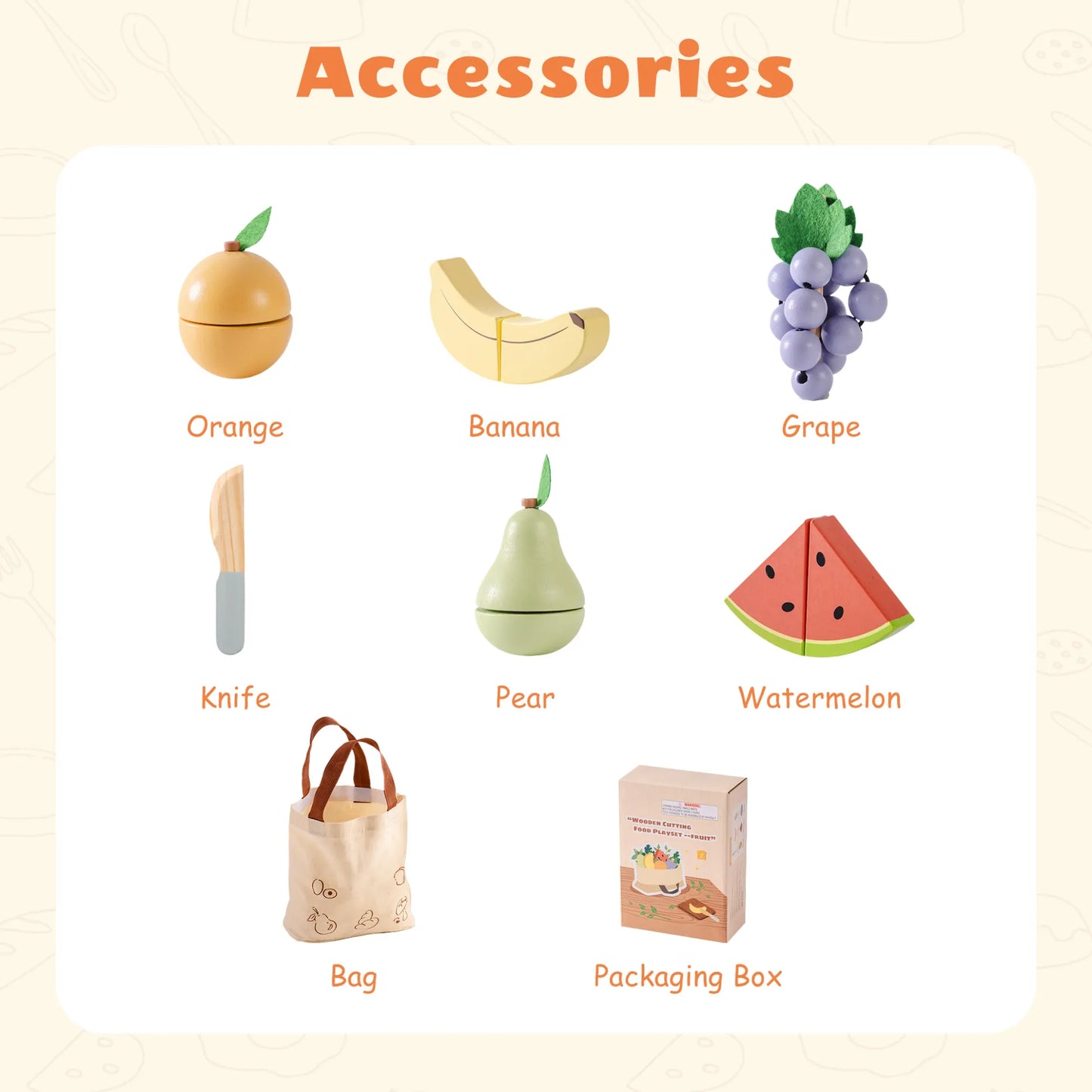 Montessori wooden play food set with safe knife and carrying bag