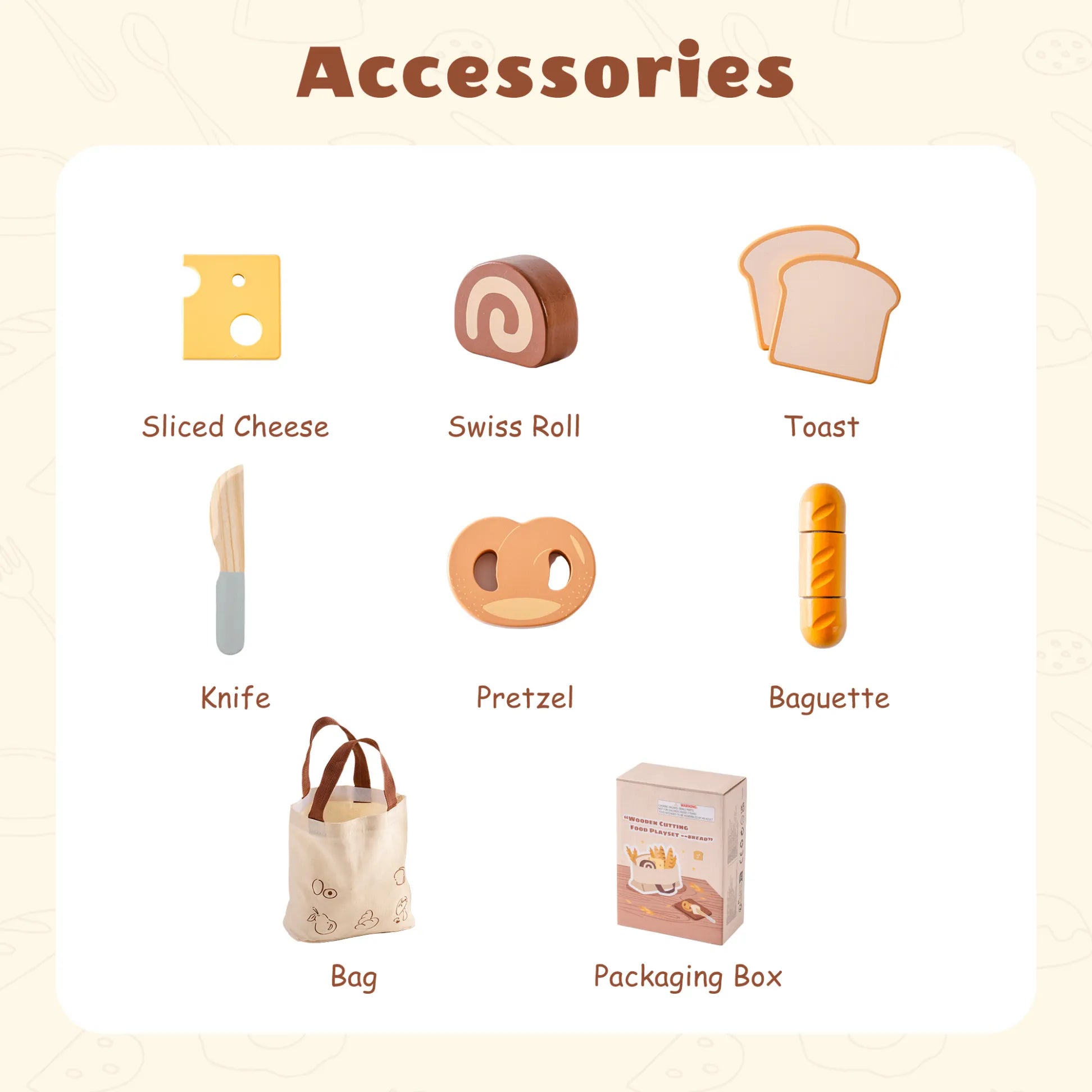 ROBUD Wooden Play Food Set. Includes realistic sliceable desserts, a safe wooden knife, and a storage bag.