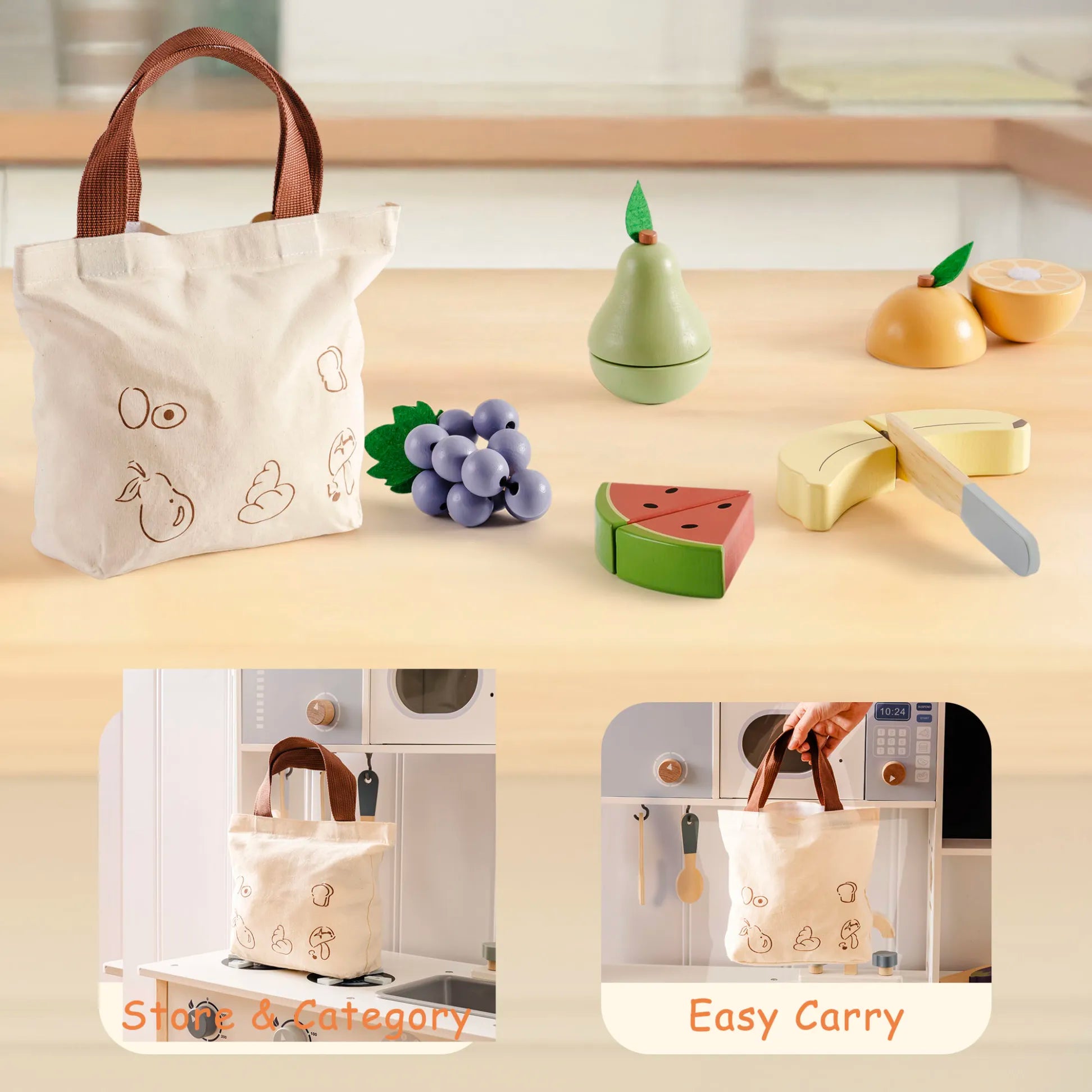 Montessori wooden play food set with safe knife and carrying bag
