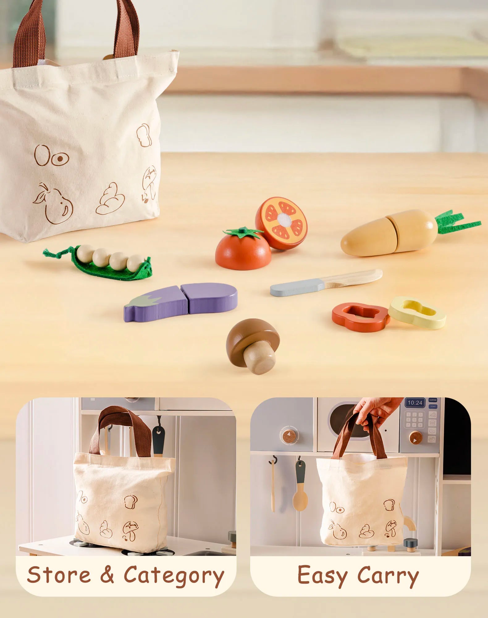 ROBUD sliceable play wooden food set with carrying bag - vegetables 