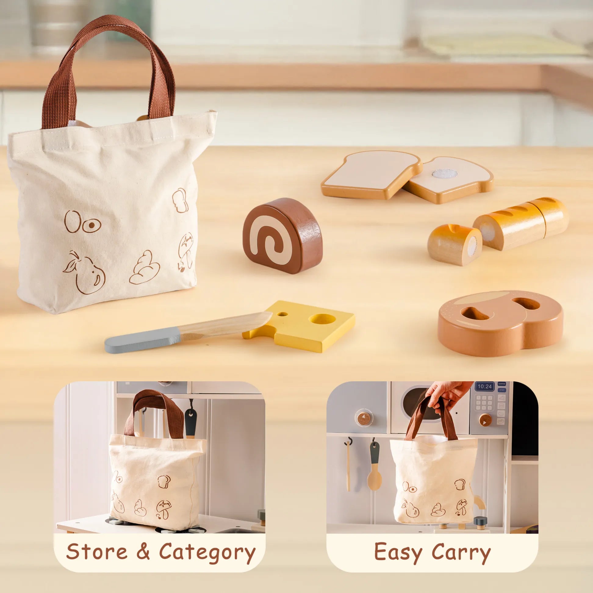 ROBUD Wooden Play Food Set. Includes realistic sliceable desserts, a safe wooden knife, and a storage bag.