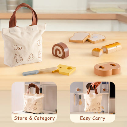 ROBUD Wooden Play Food Set. Includes realistic sliceable desserts, a safe wooden knife, and a storage bag.